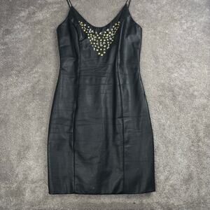 Vtg 90s J Robert Leather Studded Black Mini Dress USA Size 12 Glam Rock Biker